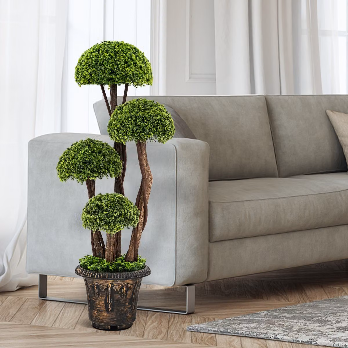 Albero artificiale Cipresso Costway verde con tronco in rattan e vaso in cemento, Altezza: 90 cm