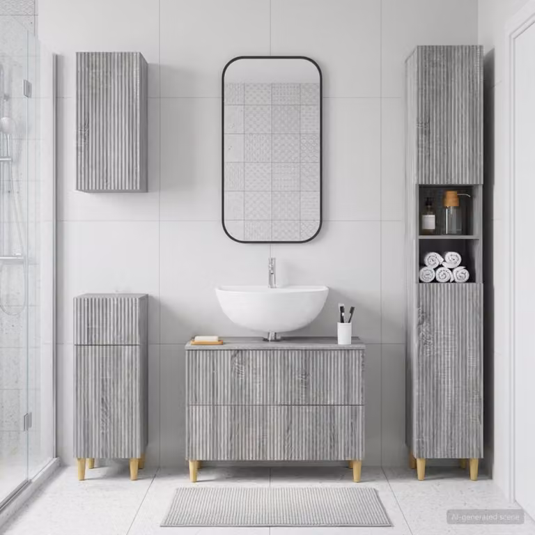 Set di mobili da bagno moderno vidaXL ARNHEM da 4 pezzi in legno e MDF, colore grigio Sonoma, con mobile lavabo e pensile a parete