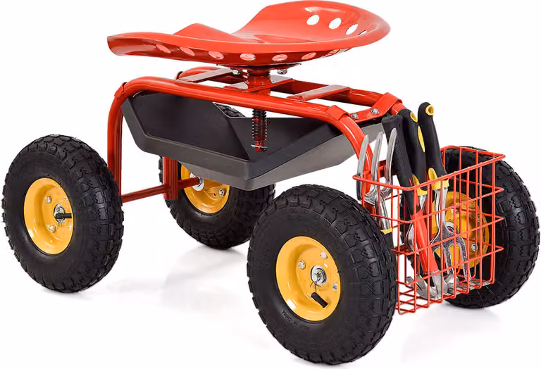 Sedile da giardino COSTWAY con rotelle, ripiano, cestino e pneumatici larghi in gomma, carrello da giardino ruotabile a 360° e regolabile in altezza, sedile con rotelle fino a 150kg in metallo