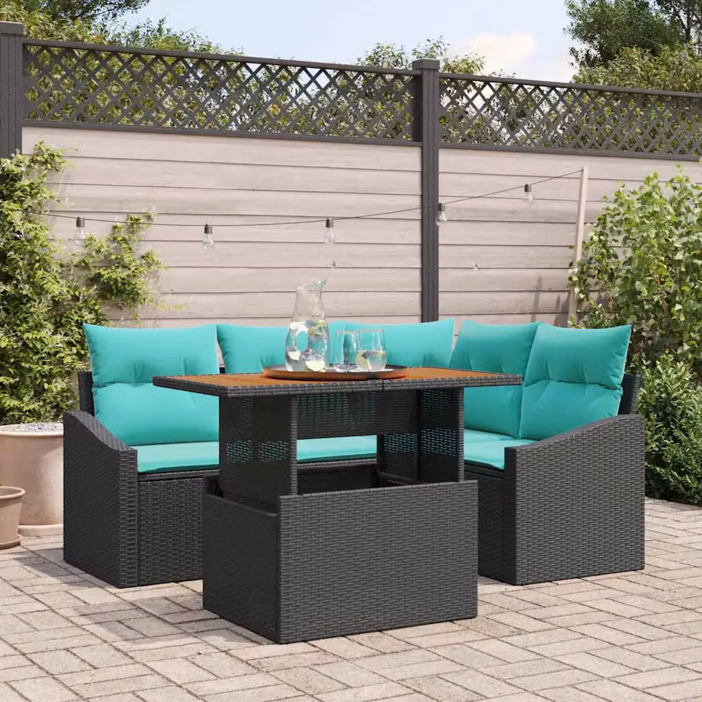Set Divano da Giardino vidaXL 5 Pezzi a Forma di L con Tavolino, Colore Nero e Petrolio