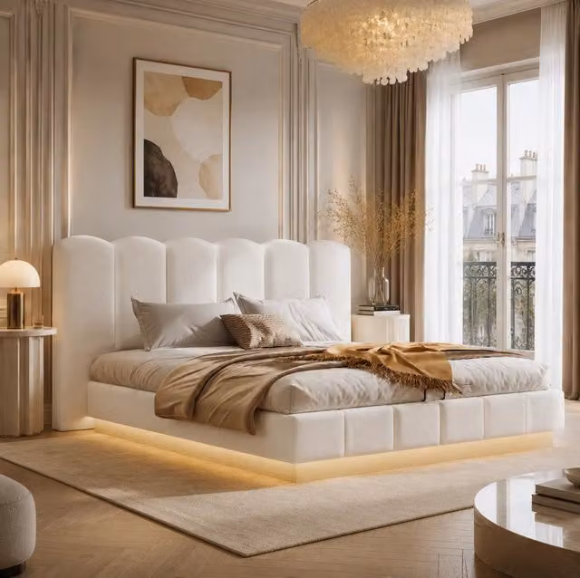 Letto matrimoniale 180x200 cm con contenitore idraulico e LED in boucl¨¦ bianco