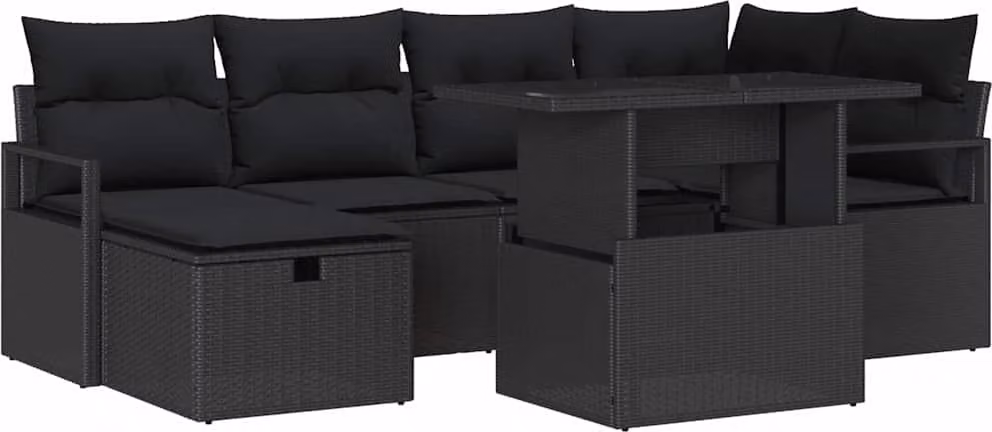 Set Divano da Giardino con cuscino 7 pcs Nero Poly Rattan