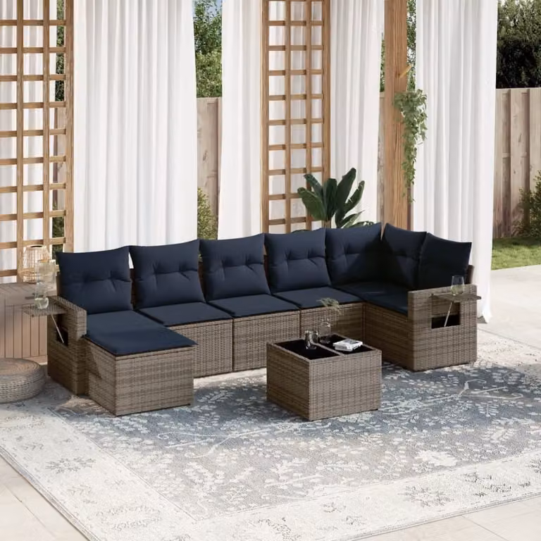 Set di divani da giardino vidaXL in polyrattan 8 pezzi con cuscini grigi e blu per esterno con tavolino e pouf
