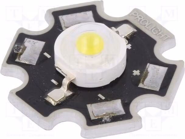 1 diodi ad alta efficienza, potenza massima (Pmax): 1W, luce bianca fredda, corrente nominale: 350mA, angolo di emissione: 130°, flusso luminoso: 120÷130 lm, modello: PM2E-1LWS, LED ad alta efficienza