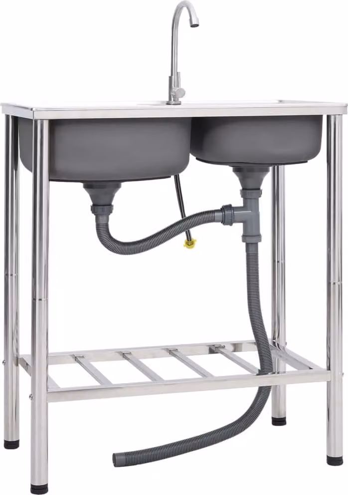 The Living Store Lavello da campeggio a doppia vasca con rubinetto in acciaio inox