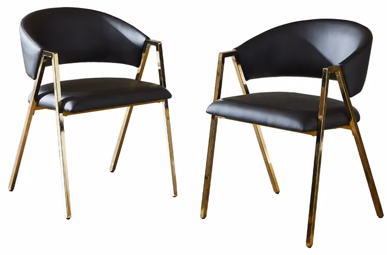 Set di 2 sedie da pranzo, rivestite in ecopelle nera, con struttura in metallo dorato, schienale sagomato, piedini regolabili e altezza seduta di 49 cm