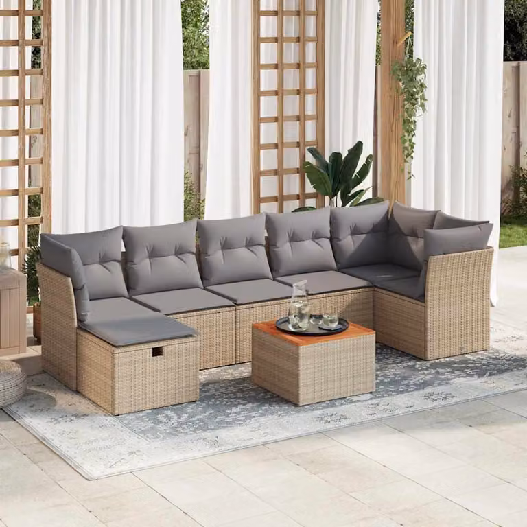 Set Divano da Giardino vidaXL 8 pz in Polyrattan con Cuscini Beige e Tavolino, Design Moderno a L per Terrazza e Balcone