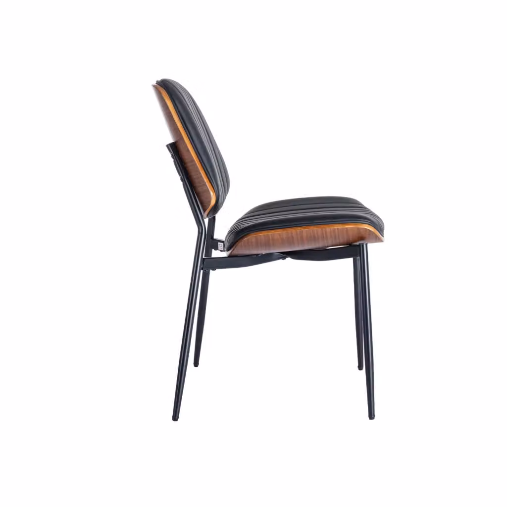 Sedia da sala da pranzo mid-century OKWISH in pelle sintetica nera con schienale in legno e gambe in metallo – 2