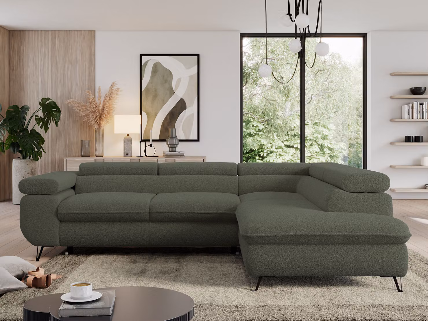 Divano con funzione letto, divano angolare a L, divano da salotto, con poggiatesta regolabili - PEDRO L - Boucle - Verde - Destra