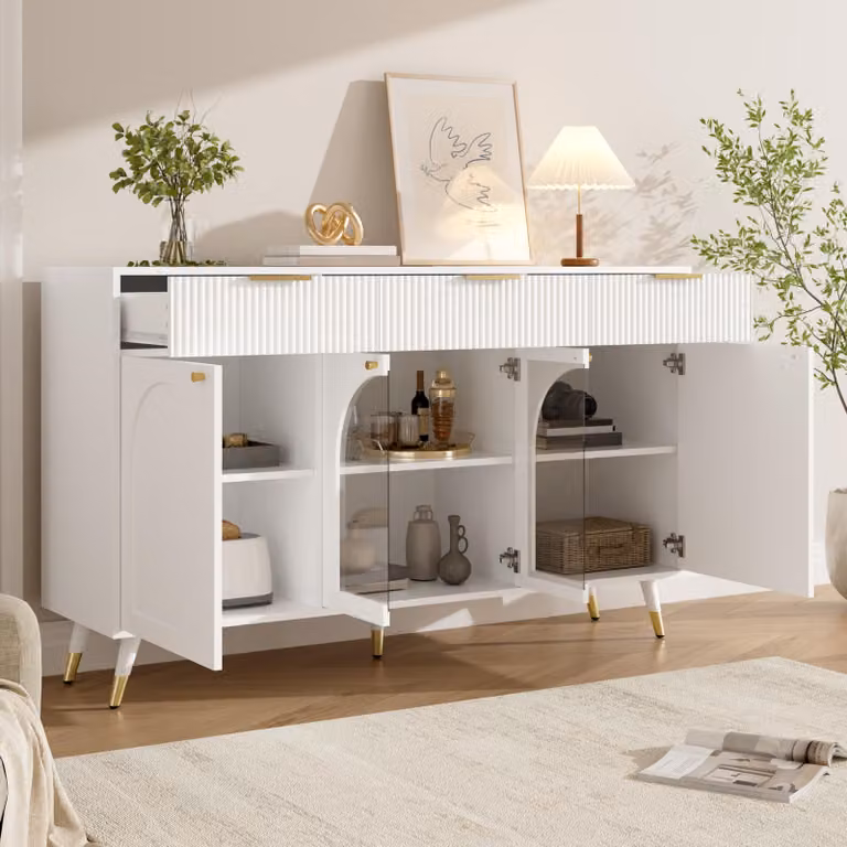MODFU Credenza 160 × 40 × 80 cm, mobile contenitore con 4 ante e 3 cassetti, decorazioni a rilievo a forma di arco sulle ante con inserti in acrilico, cerniere ammortizzate, mobile buffet, colore bianco