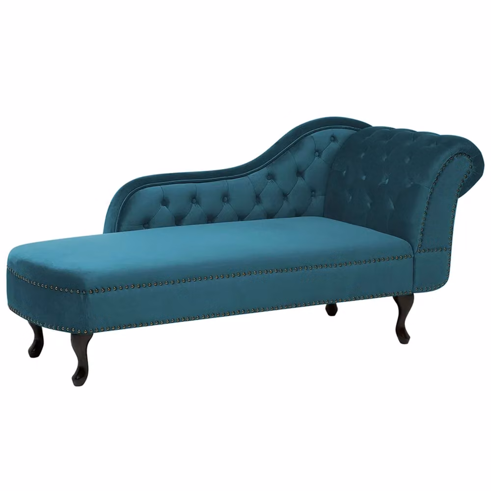 Chaise Longue Chesterfield in Velluto Blu Turchese BELIANI Versione Destra per Soggiorno e Camera da Letto L/P/H: 169 x 65 x 79 cm – 2