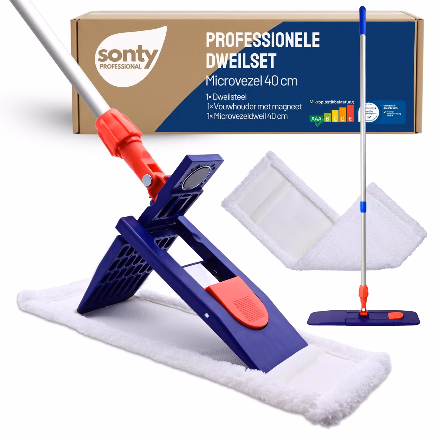 Kit per la pulizia da 40 cm con supporto pieghevole, panno in microfibra e manico in alluminio