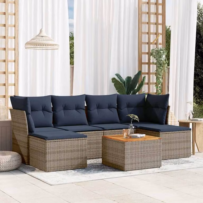 Set da giardino vidaXL in polyrattan grigio composto da 7 pezzi con cuscini e tavolino da esterno