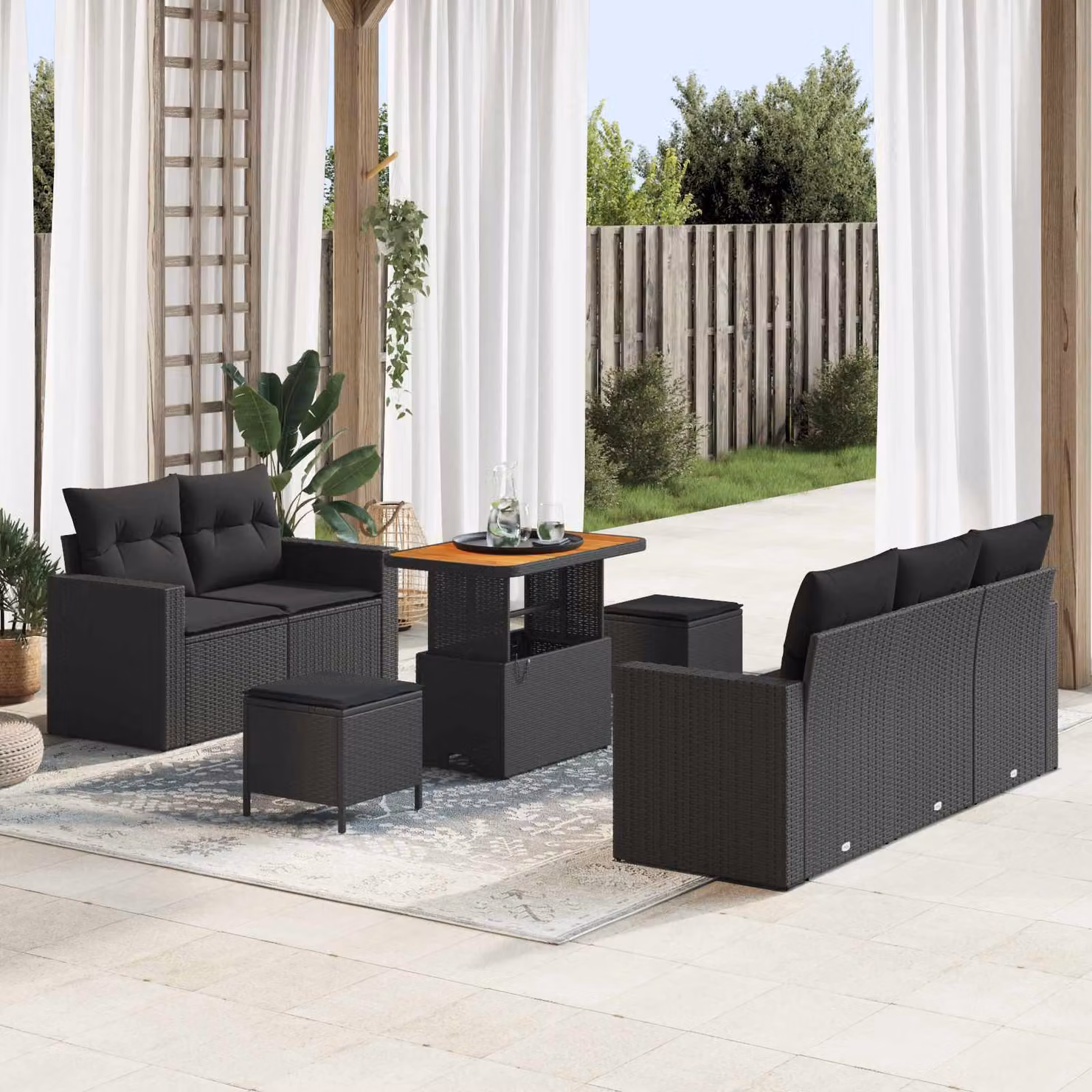 Set Divano da Giardino a L vidaXL con Tavolino e Pouf, 8 Pezzi, Nero – 1