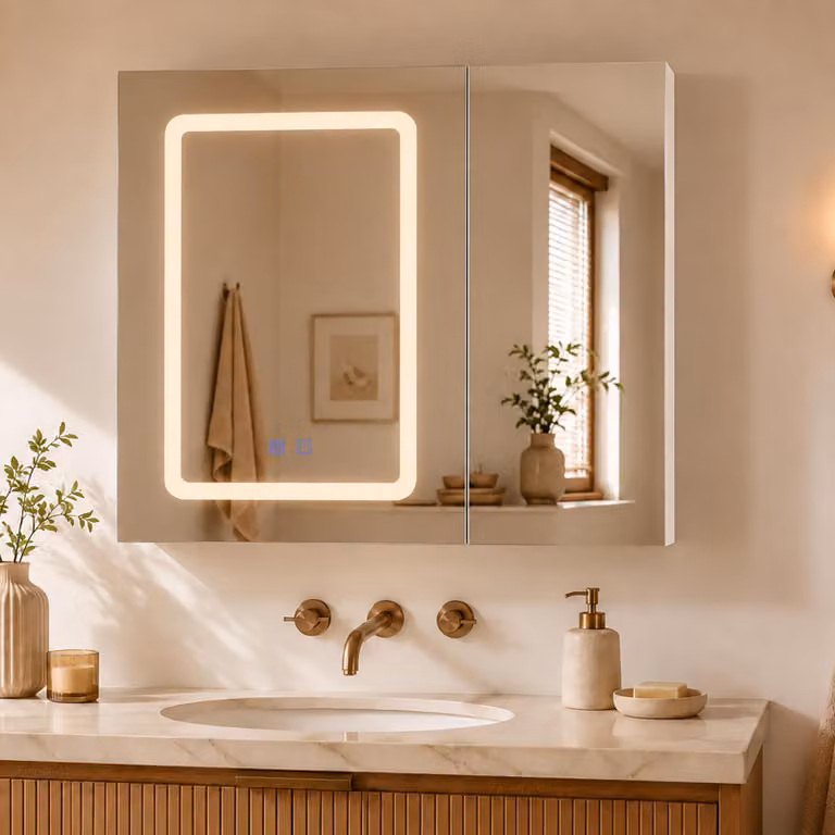 UnboxG Armadietto specchio da bagno bianco, 70x60x13,5 cm – Armadietto specchio con illuminazione LED, 2 ante, controllo touch, funzione antiappannamento e ripiani in vetro regolabili, ideale per il bagno