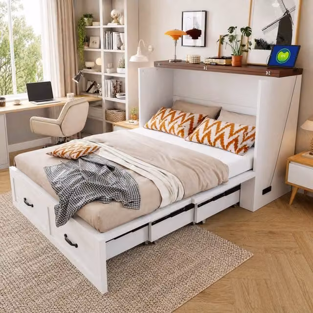 Letto a scomparsa 140 x 200 cm bianco con presa UE, struttura in metallo e ruote silenziose