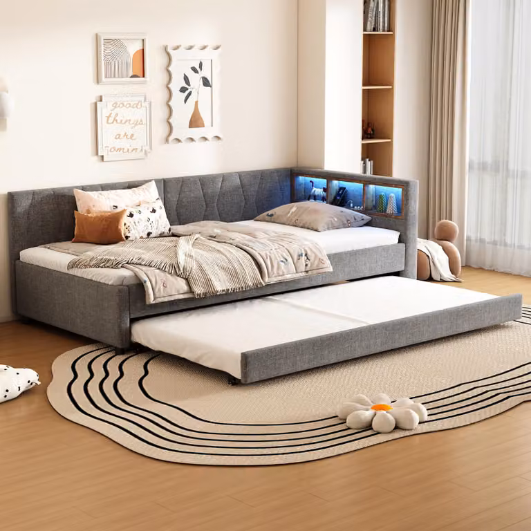 Letto a giorno 90x200 cm con letto estraibile 90x190, porte USB e di tipo C, striscia LED multicolore, vani portaoggetti, rete a doghe, lenzuola, colore grigio