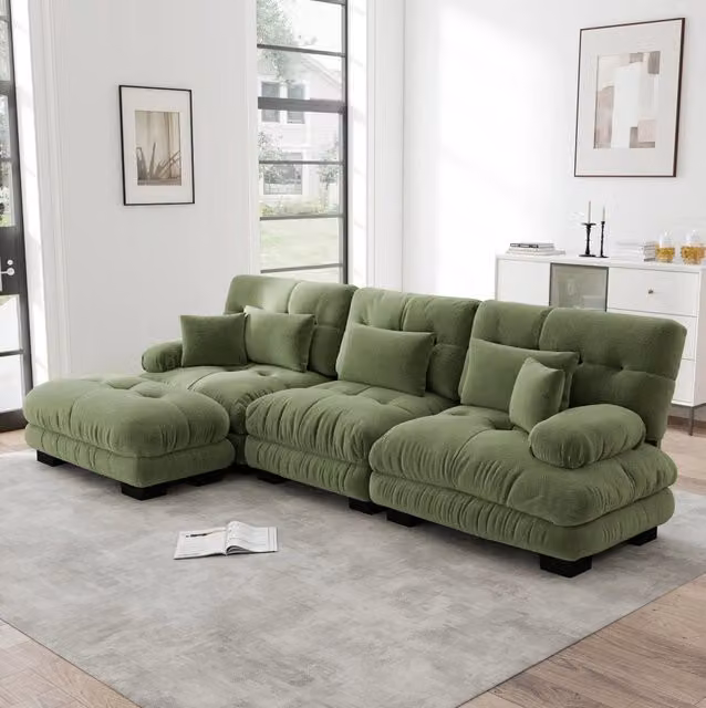 Divano modulare angolare in chenille verde con ottomani mobili