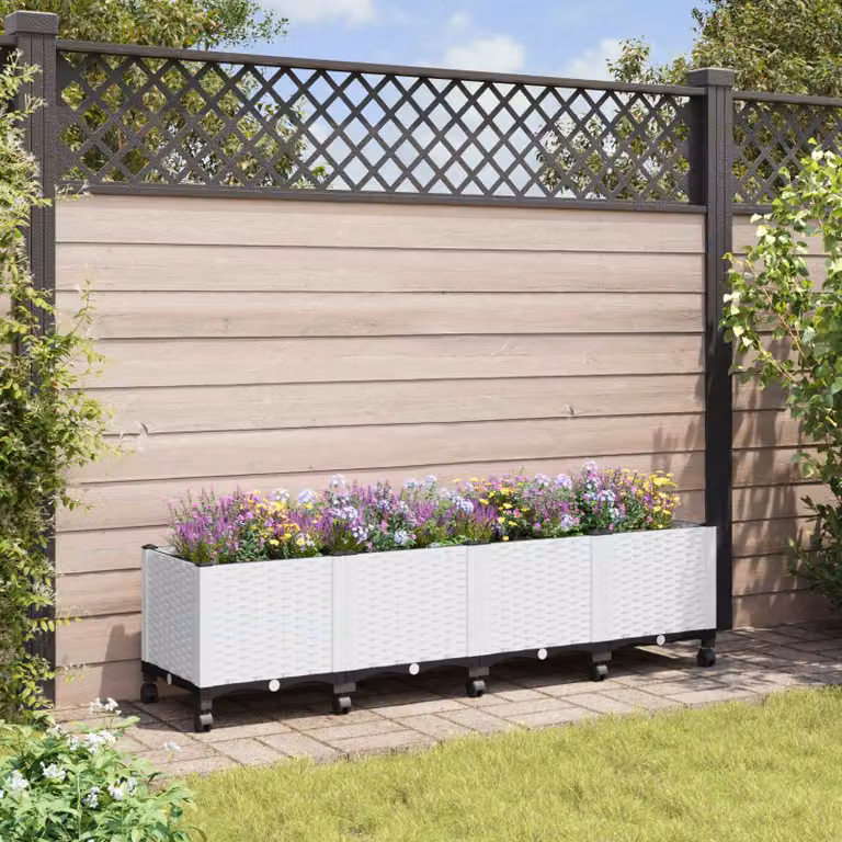 vidaXL Vaso da Giardino con Ruote Bianco in Plastica L: 160 cm, P: 40 cm, H: 44 cm