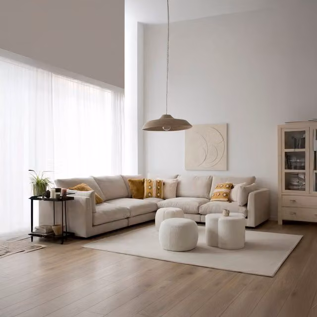 Divano angolare modulare Banak Tokio beige a 5 posti con design minimalista e tessuto – 1