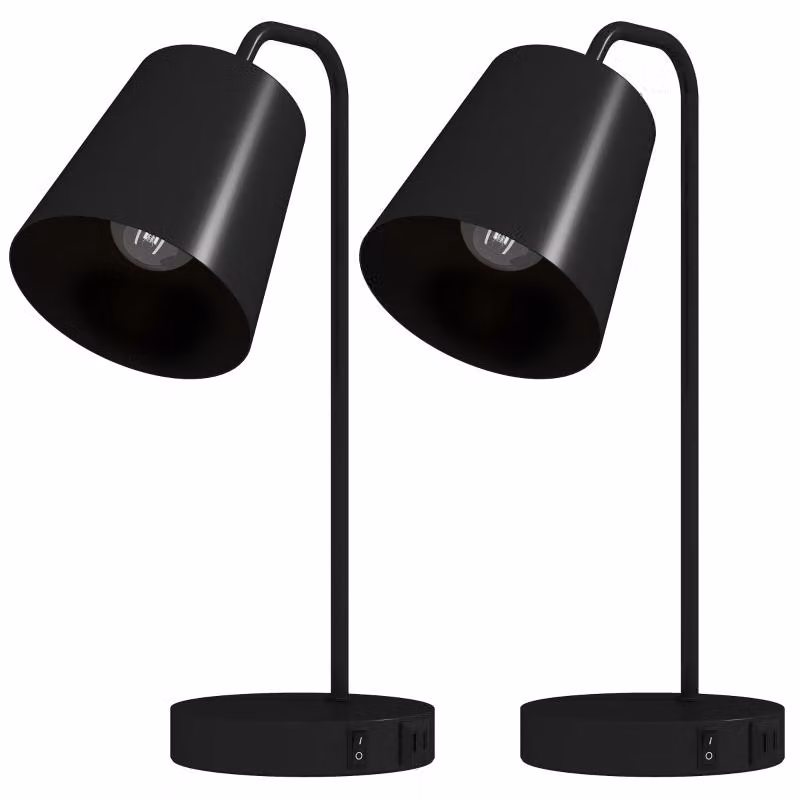 Lampade da tavolo Moonbite, set da 2 con porte USB-A e USB-C, lampade da comodino in stile industriale, attacco E27, paralume riflettente, acciaio, colore nero