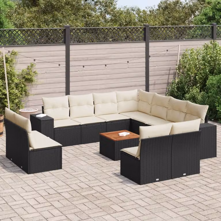 vidaXL Set Divani da Giardino a L 12 pz in Polyrattan Nero con Cuscini e Tavolino da Esterno