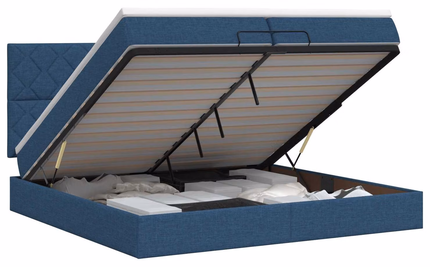 Divano letto ottomano con materasso e poggiatesta, colore blu, dimensioni 200 x 200 cm, rivestito in tessuto