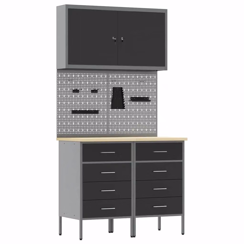 Set di mobili da lavoro 5 pezzi vidaXL in legno ingegnerizzato e acciaio, colore nero, con serratura – 2