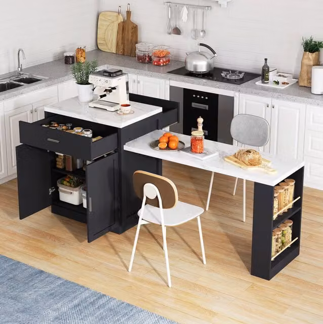 Isola da cucina con tavolo estraibile per 2-6 persone; presa elettrica; MDF nero; 211x55x89;5 cm