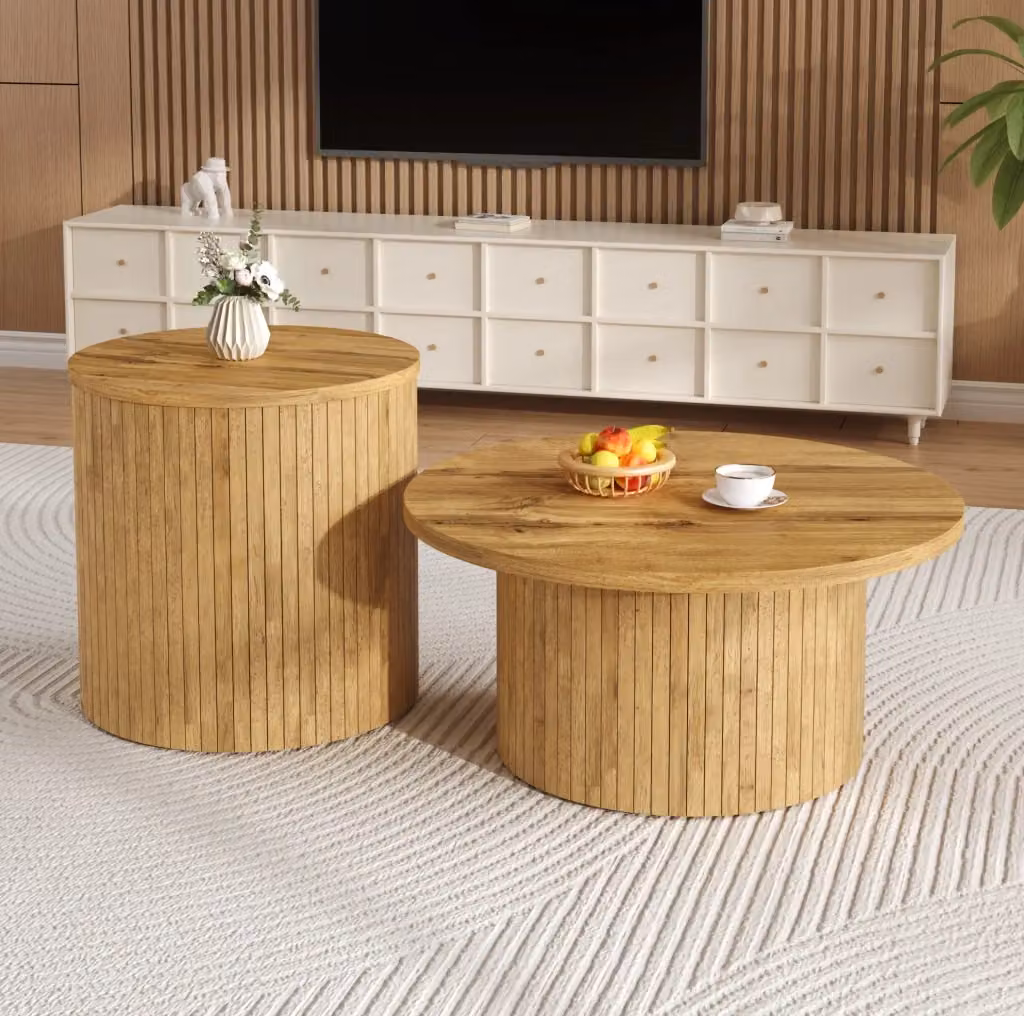 Set di tavolini da salotto rotondi MODFU in MDF effetto legno naturale marrone con piani incastrabili, L/P/H: 75 x 75 x 36 cm e 50 x 50 x 50,5 cm – 2