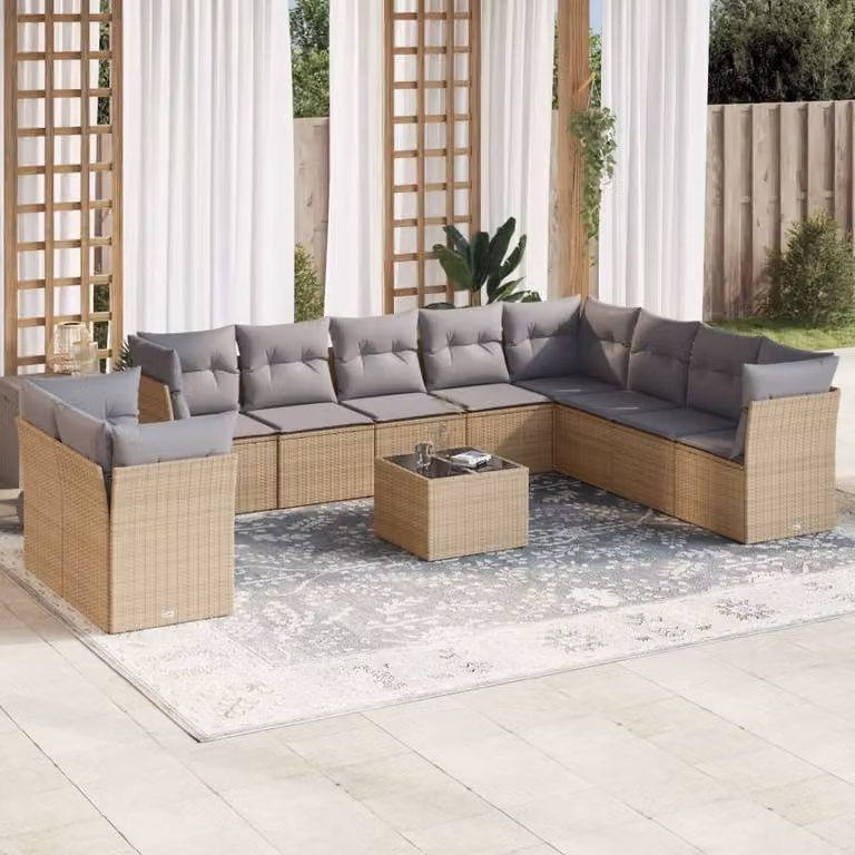 vidaXL Set Divani da Giardino 11 pz a forma di U con Cuscini Beige e Tavolino in Polyrattan e Acciaio