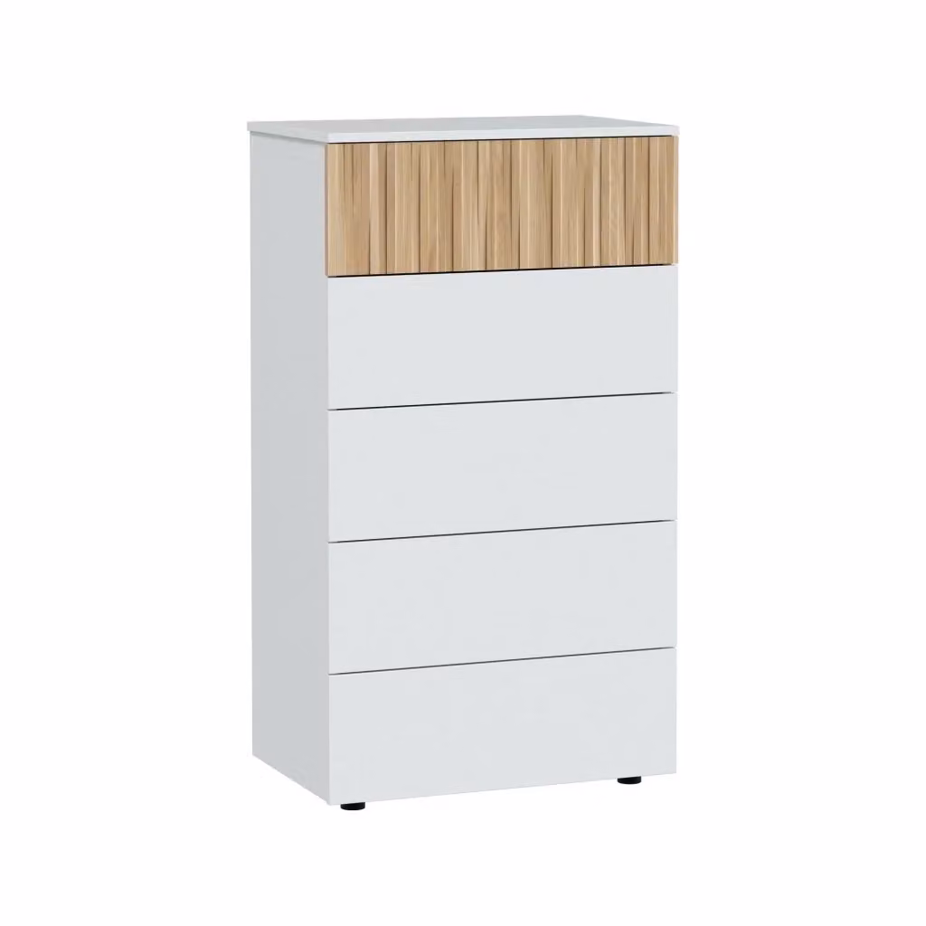 Cassettiera DMORA con 5 cassetti in stile moderno, Bianco e Rovere, L: 61 cm, P: 40 cm, H: 109 cm – 2