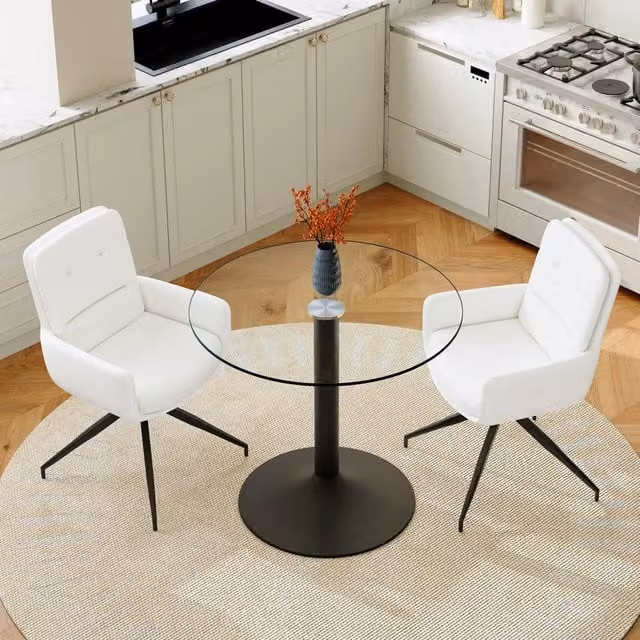 Set tavolo da pranzo rotondo in vetro temperato con 2 sedie girevoli in PU bianco