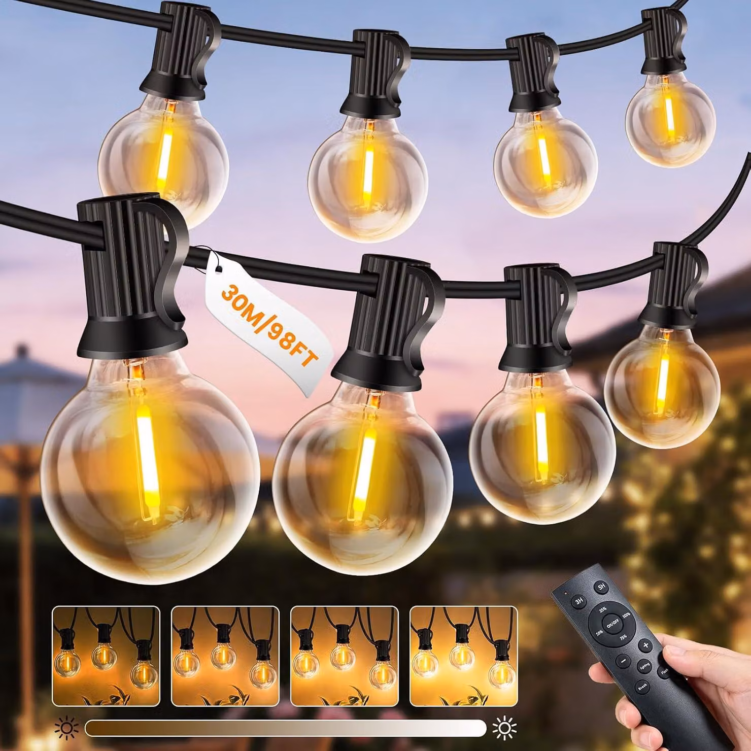 Catena luminosa da 30 metri - 40+2 lampadine G40 - Con spina - Grado di protezione IP44 (resistente all'acqua) - Luce bianco caldo - Per uso esterno