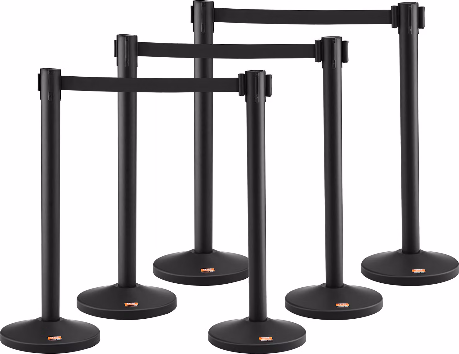 VEVOR sistema di controllo della folla nastro barriera palo barriera 6 pezzi, 2 m x 48 mm Nastro retrattile nero, Acciaio al carbonio sistema di controllo della folla palo barriera Adatto per aeroporti, centri commerciali
