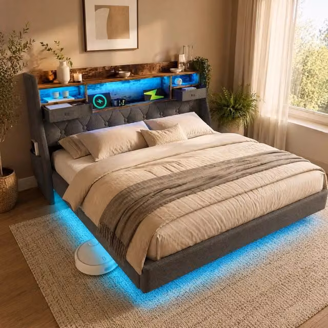 Letto imbottito ULEVR 140x200 cm con LED, 3 USB e Type-C, testiera con ripiani e cassetti, lino grigio