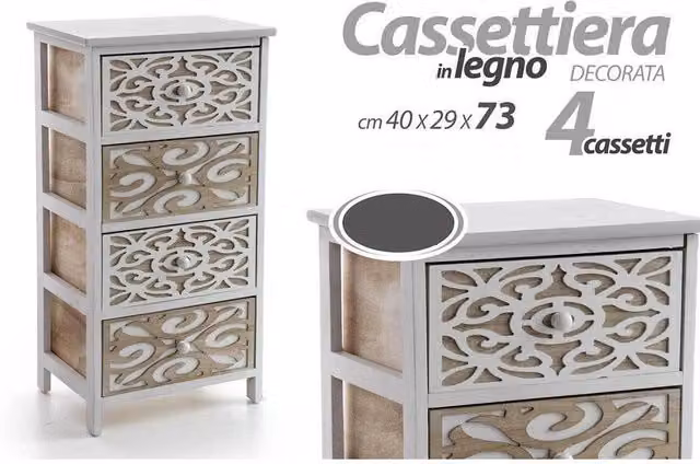 Trade Shop - Mobile Cassettiera 4 Cassetti Decorati In Legno Bicolore 40 X 29 X 73 Cm 788208 -