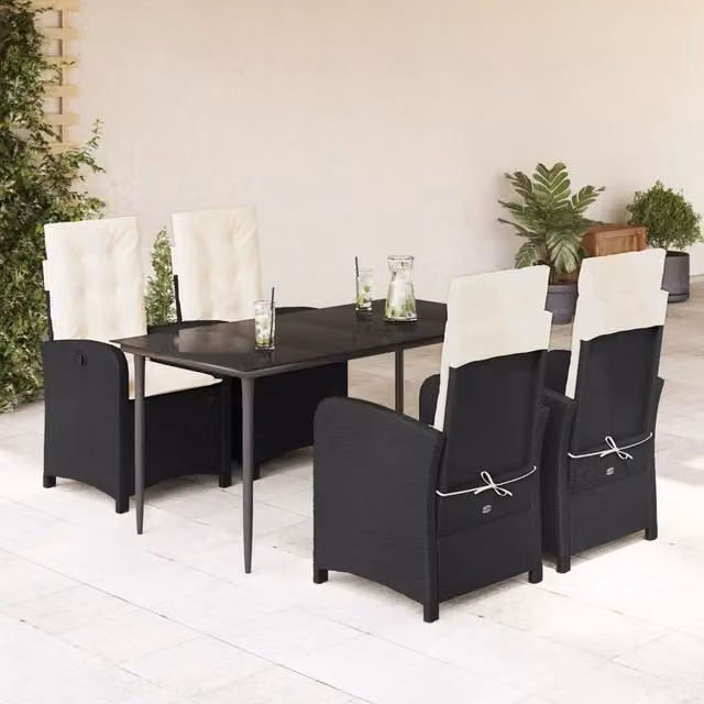 Set da Pranzo da Giardino 5 pz Nero con Cuscini in Polyrattan