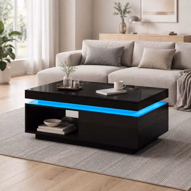 Tavolino da salotto 100x50x40 cm nero con LED e cassetto, finitura lucida, truciolare