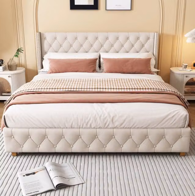 Letto imbottito 180x200 cm beige in lino con rete a doghe e testiera, senza materasso