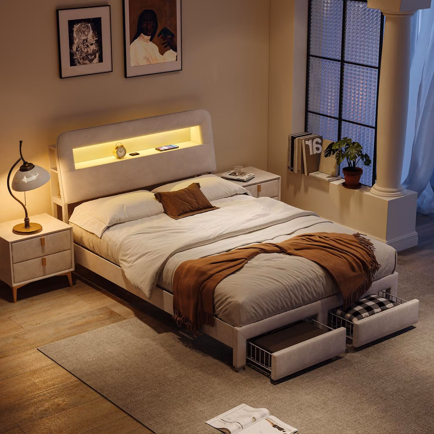 Letto imbottito ProximaX 140x200 cm con illuminazione LED, connessione USB e 2 cassetti, letto contenitore, beige