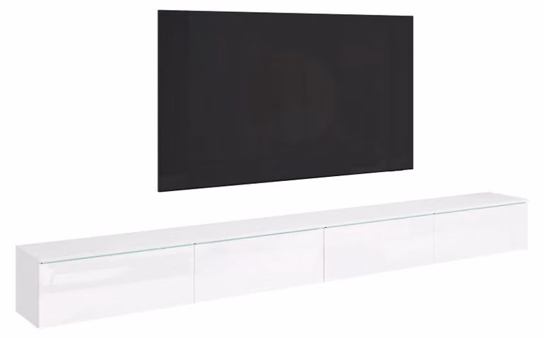 Mobile TV moderno da 300 cm per il soggiorno, con illuminazione, bianco/bianco lucido