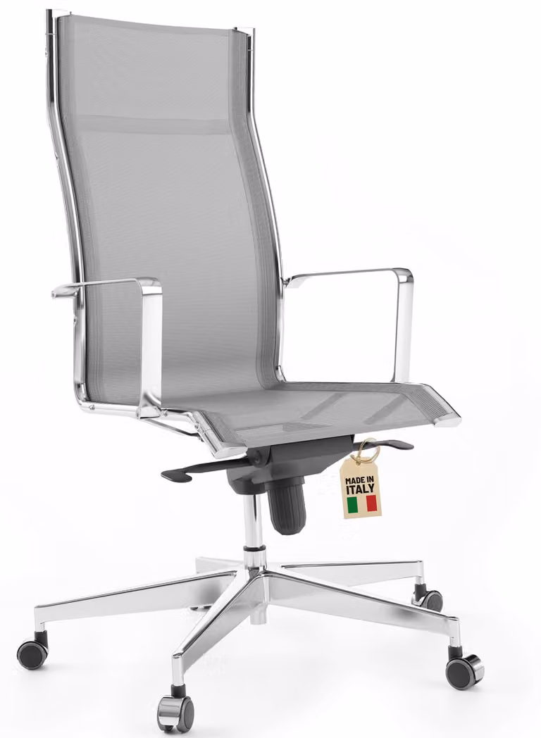 Sedia da ufficio ergonomica, cromata/grigia - Schienale alto - Materiale a rete - Giratoria