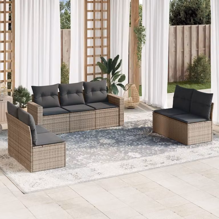 Set di divani da giardino vidaXL in polyrattan grigio con cuscini, componibile a forma di L per esterno
