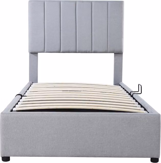 Letto contenitore singolo 90x200 cm in tessuto effetto lino con testiera regolabile; grigio