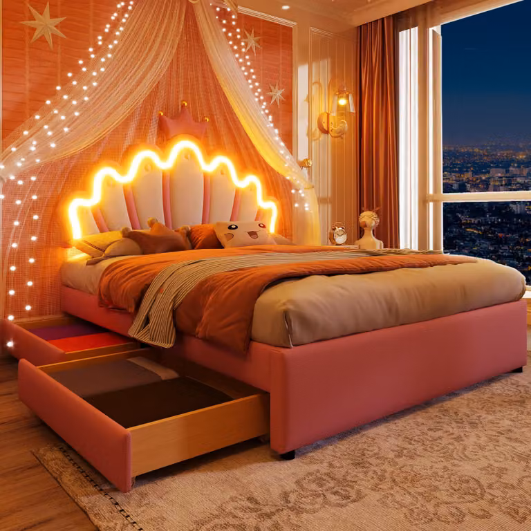 Letto imbottito Merax 140x200cm, letto da principessa con luci LED, testata regolabile, 2 cassetti, design a , PU, letto per bambini, letto per giovani, rosa