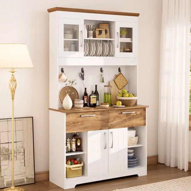 Credenza da cucina 106x39x176.5 cm con vetrine; 2 cassetti e ganci in pannello truciolare bianco e naturale