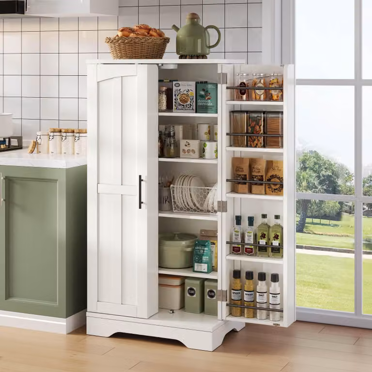 STILVORA Mobile da cucina con ripiani regolabili e ripiani sulle ante, mobile contenitore con illuminazione a LED con sensore di movimento, credenza a 2 ante per cucina e sala da pranzo, bianco