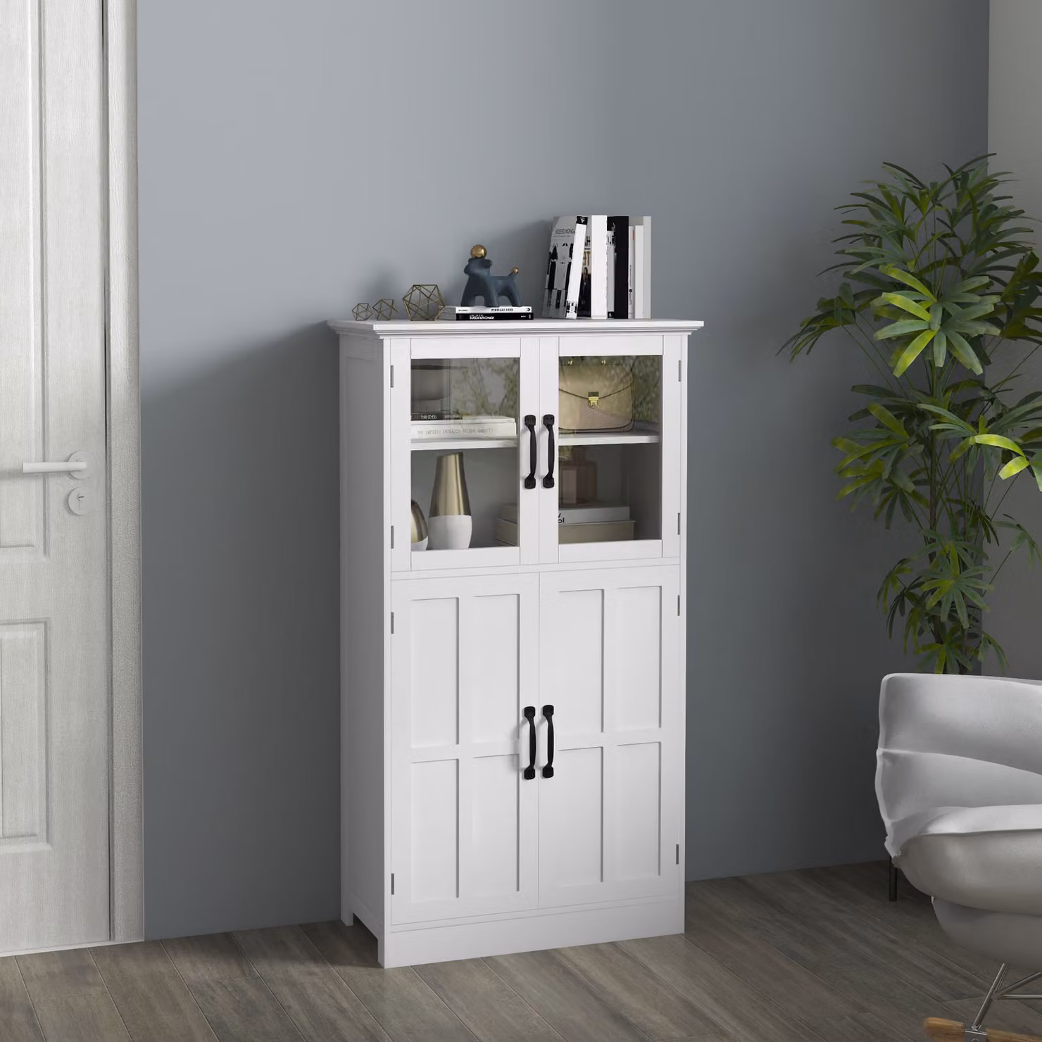 Buffet da cucina HOMCOM moderno in bianco con ante in vetro e mensole in legno – 2