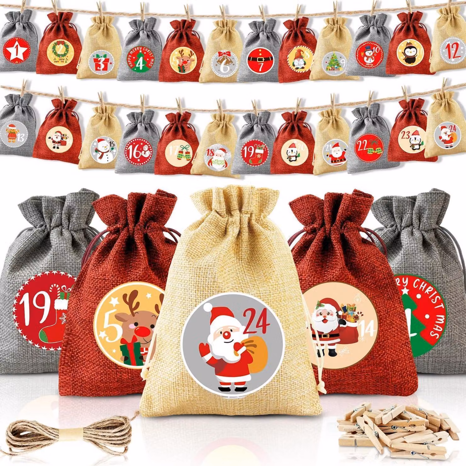Calendario dell'Avvento da riempire: 24 sacchetti di juta, dimensioni 18 x 13 cm, con corda e graffette